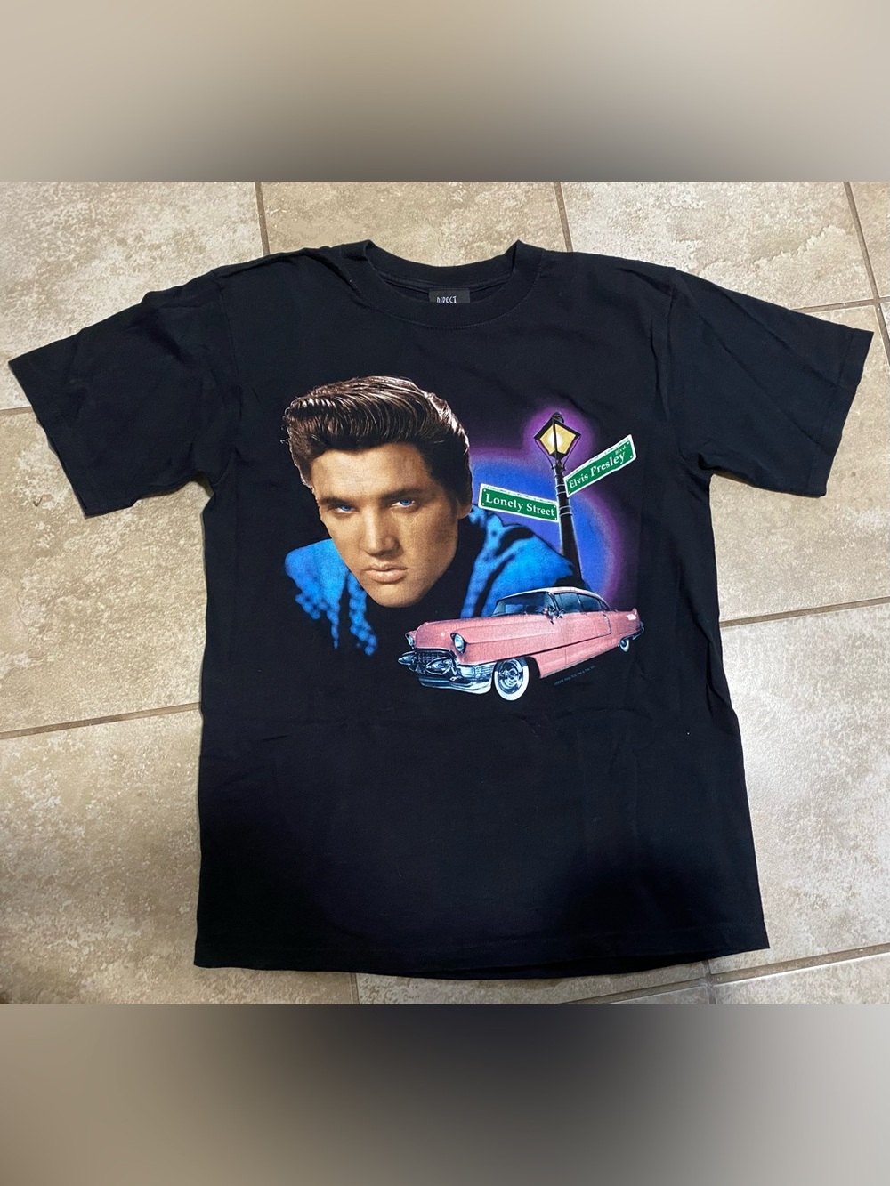 Grace Black Short-Sleeve Tee with Elvis Portrait and Pink Classic Car